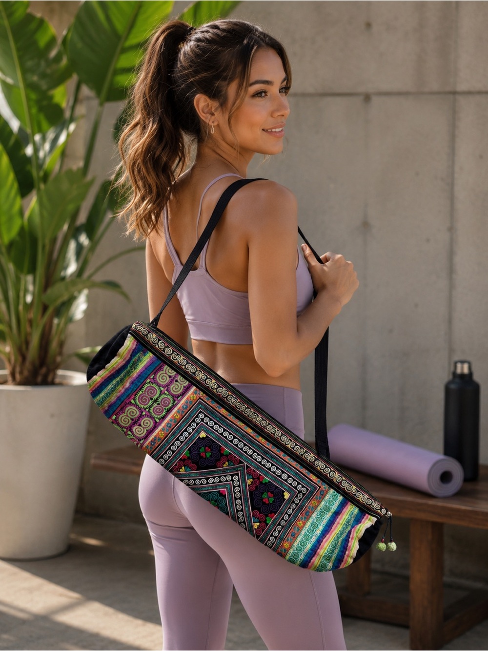 Embroidered Thailand Yoga Mat Bag Boho Cotton Shoulder Strap Zip Pocket